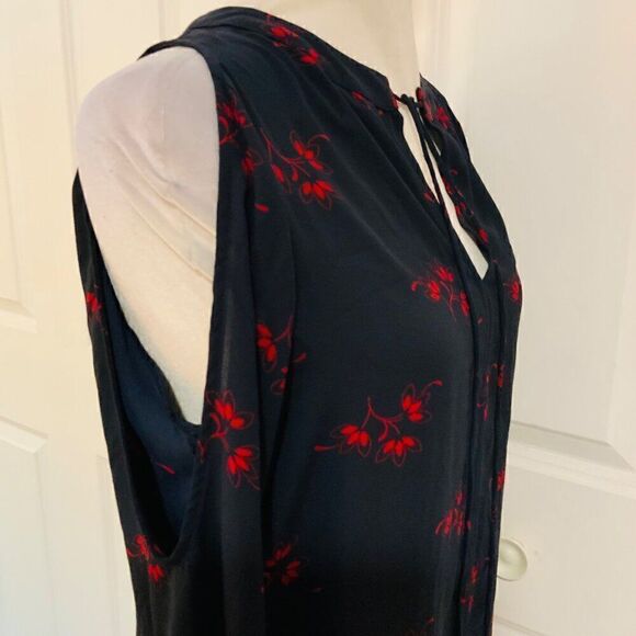 Loft Navy Blue Red Leaf Print Tie Neck Cold Shoulder Long Sleeve Top Medium - Picture 10 of 12